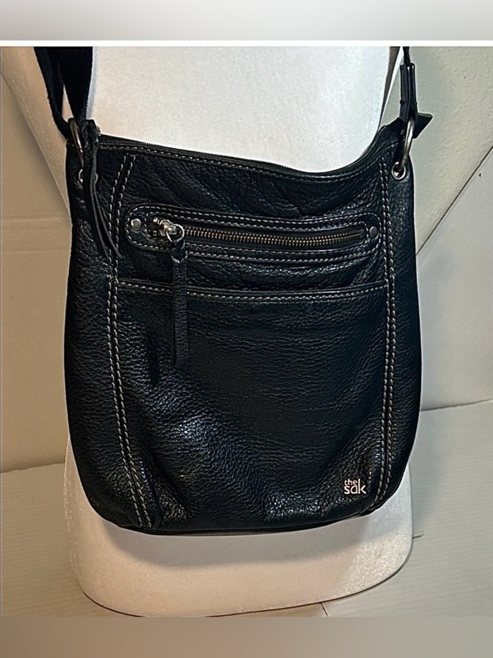 THE SACK BLACK PEBBLED LEATHER MUTI POCKET CROSSBODY SHOULDER BAG